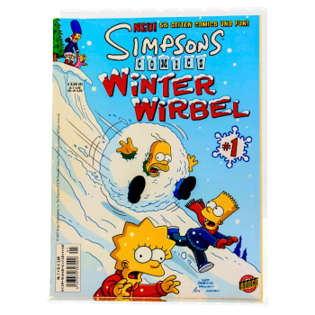 Comiccover von Die Simpsons – Winterwirbel 1: Homer, Marge, Bart, Lisa und Maggie in einer verschneiten Winterlandschaft, eingepackt in Winterkleidung, umgeben von Schnee, Eis und winterlichem Chaos.